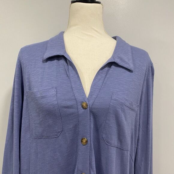 J JILL NWT L Blue Button Up Cotton Modal Tunic Roll Tab Blouse Beachy Lagenlook - Picture 2 of 16